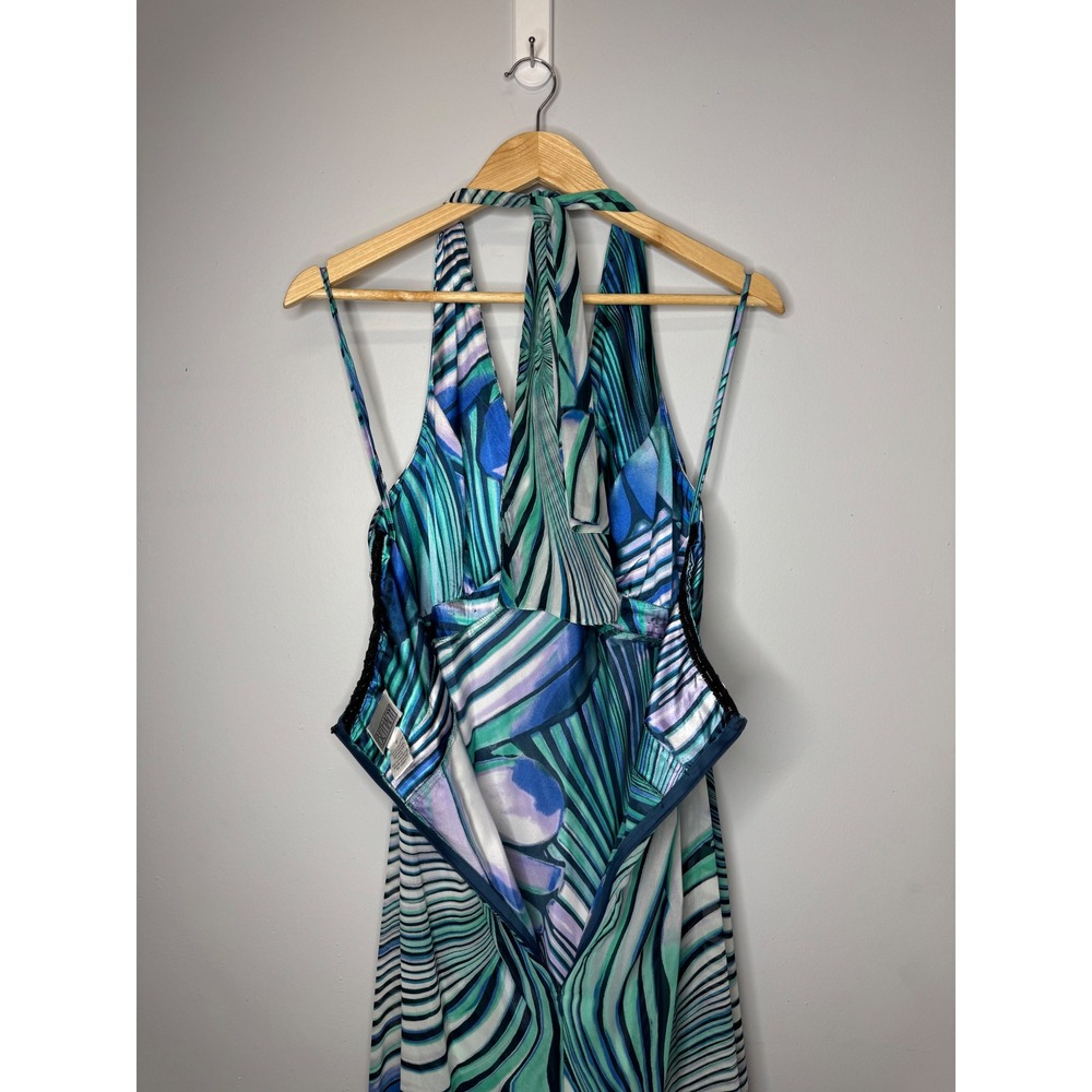 Y2K VTG Bethany Blue Teal Butterfly Print Halter Maxi Dress Ring Detail Size 10 - Picture 8 of 10